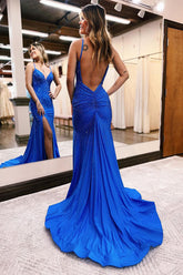Beaded V Neck Mermaid Long Prom Dresses with Slit